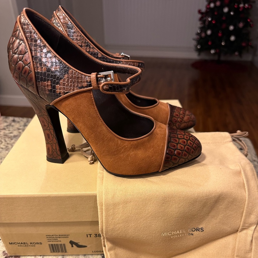 Michael Kors Violetta Suede and Embossed Leather Mary Jane Pumps